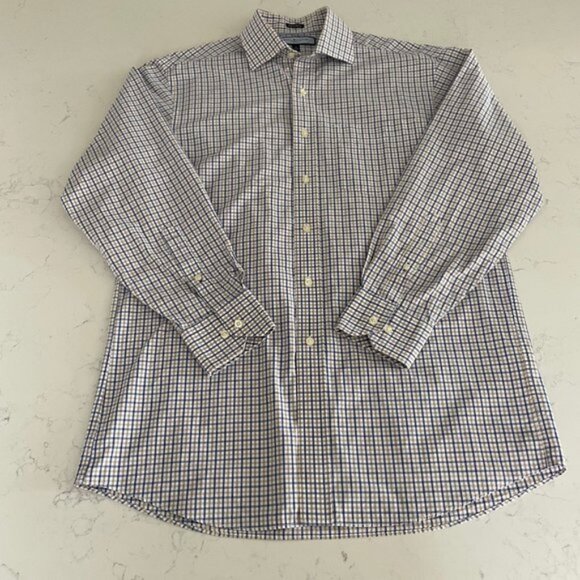 Tommy Hilfiger Ithaca LS Button Down Check Print Dress Shirt Blue Wht Tan Sz 15 - Picture 3 of 12